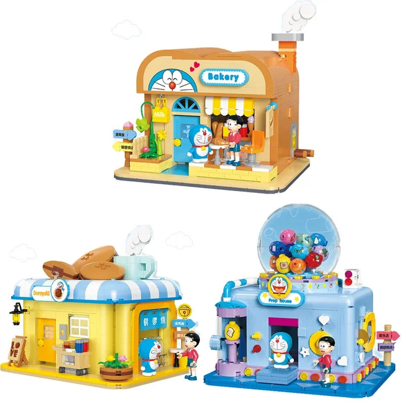 Anime Doraemon Dorayaki Shop Building Blocks Educational Toys Bakery Street Scene Architecture Puzzle Birthday Gift Peripherals